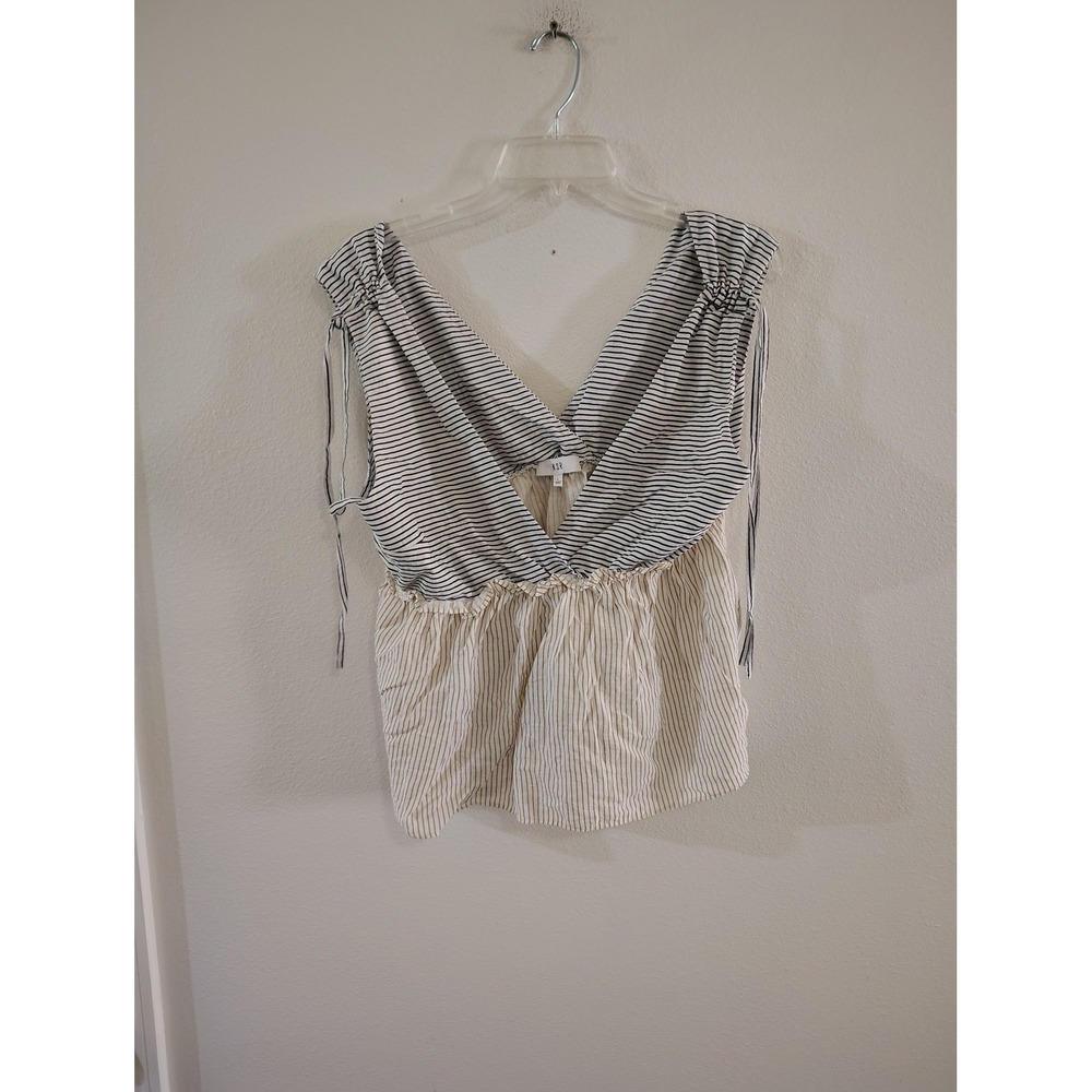 NSR Womens Striped Surplice V-Neck Sleeveless Top Blue White Ruffle Empire Waist